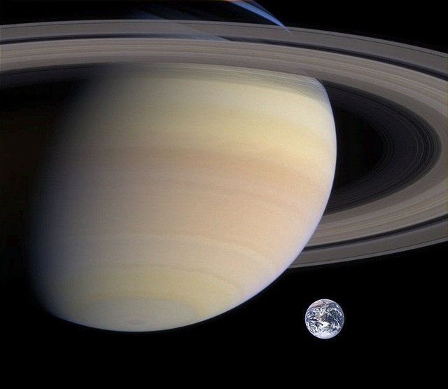 Saturno e o planeta Terra.