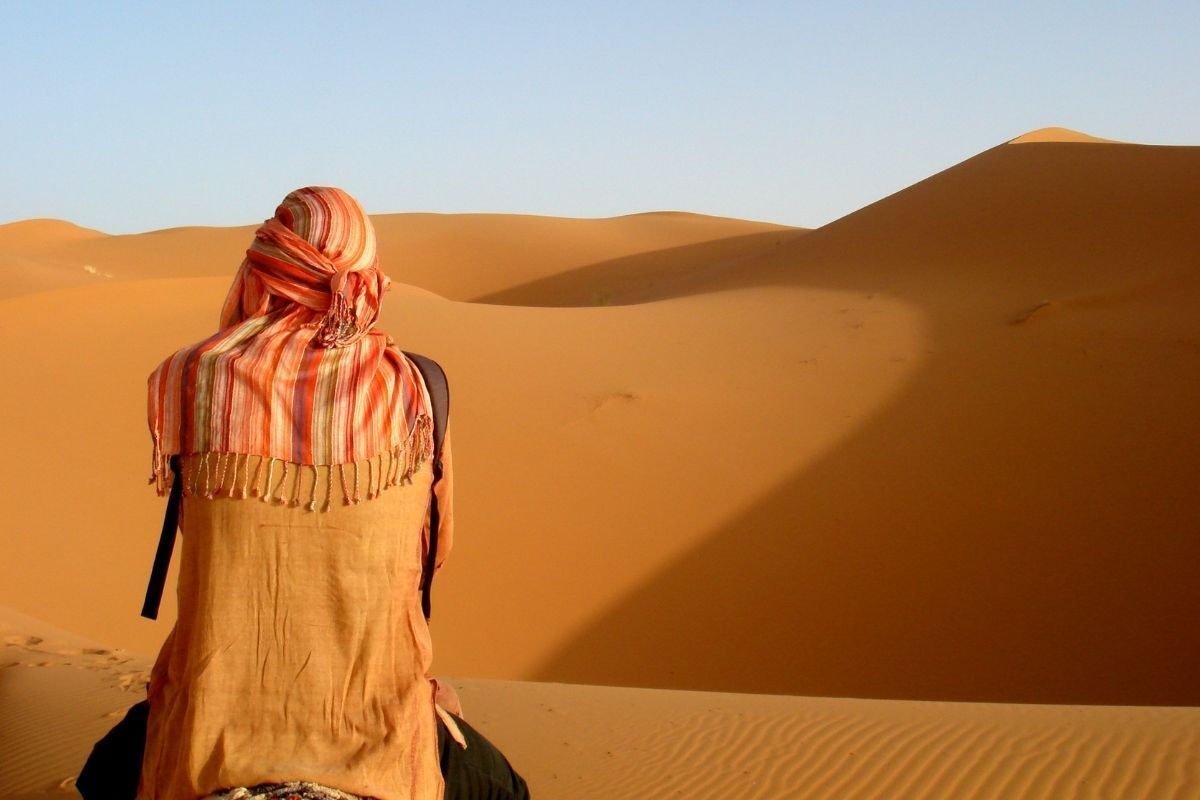Alguém está de costas para a foto, admirando o deserto