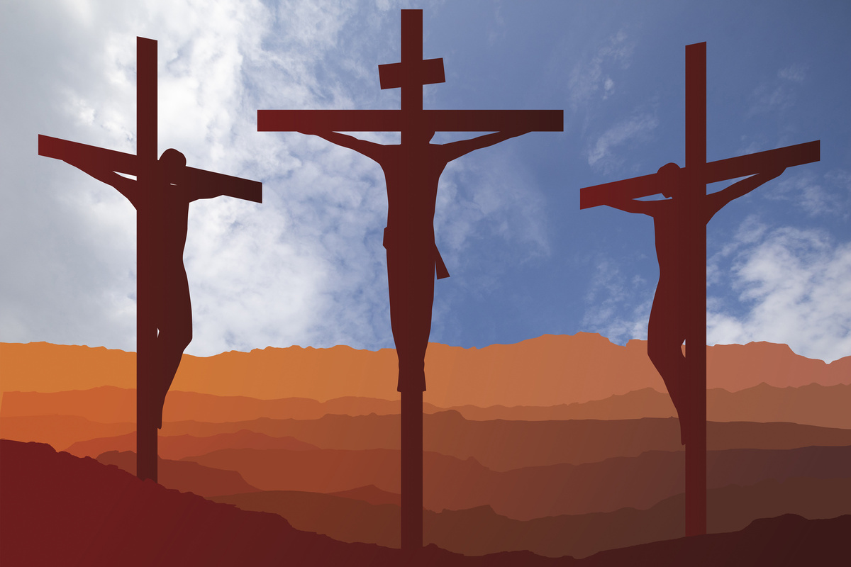 Ilustração de 3 homens sendo crucificados: Jesus Cristo, Dimas e Simas