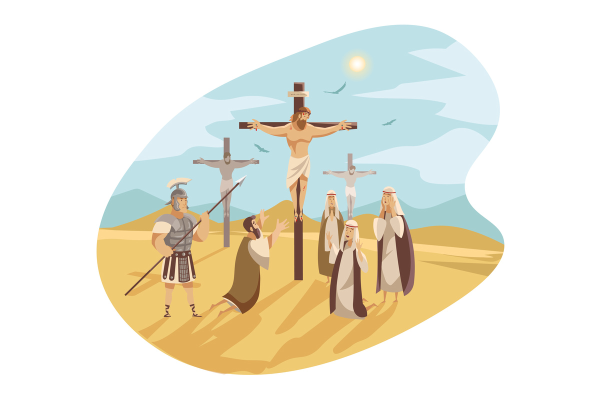 Ilustração de Jesus Cristo sendo crucificado ao lado de Dimas e Simas