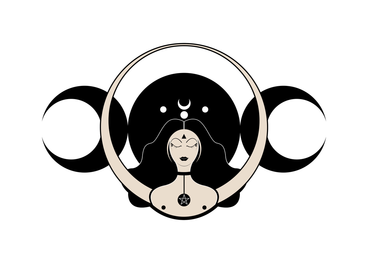 Ilustração com mulher em frente as três luas de Lilith