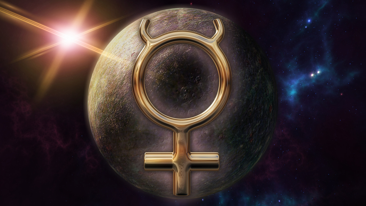 Ilustração do planeta Mercúrio com símbolo do planeta na astrologia