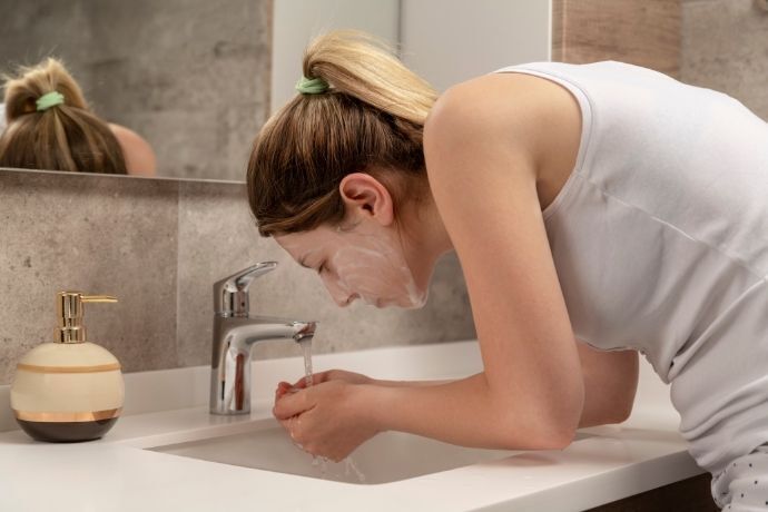 Mulher lavando o rosto em pia de banheiro