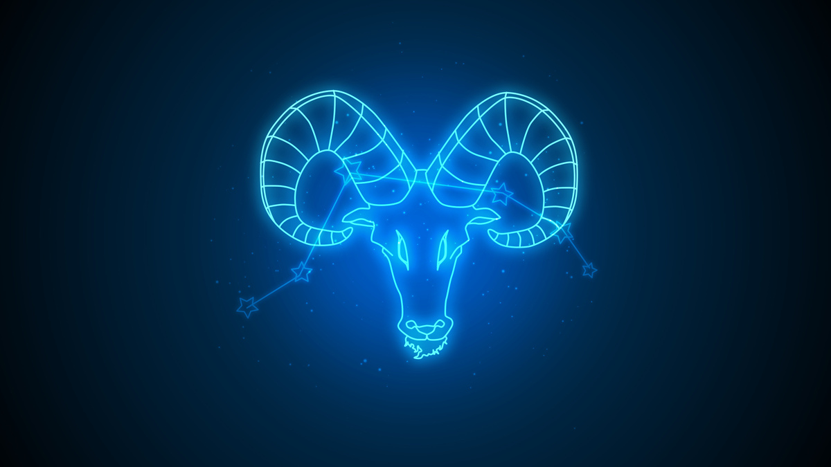 Ilustração de carneiro, símbolo do signo Áries, em azul, com fundo escuro