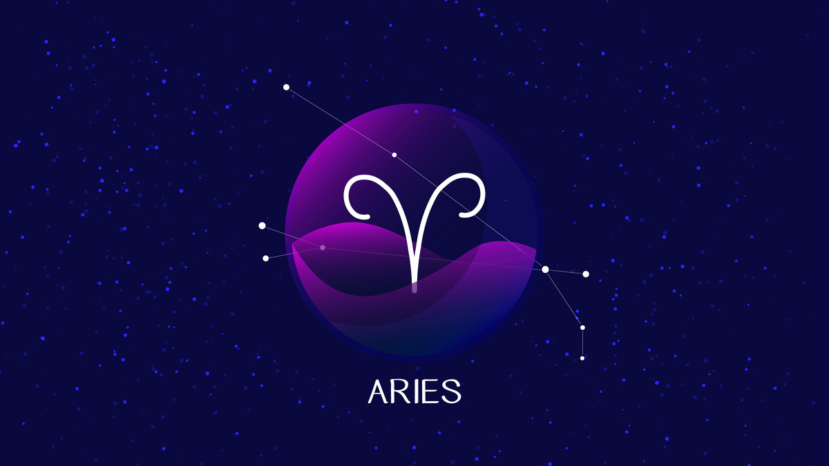 Símbolo do signo de Áries em branco dentro de uma esfera roxa com fundo azul.