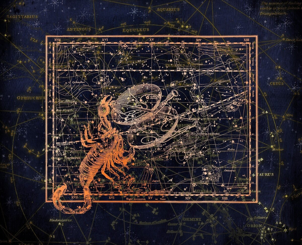 Constelação e mapa de escorpião. 
