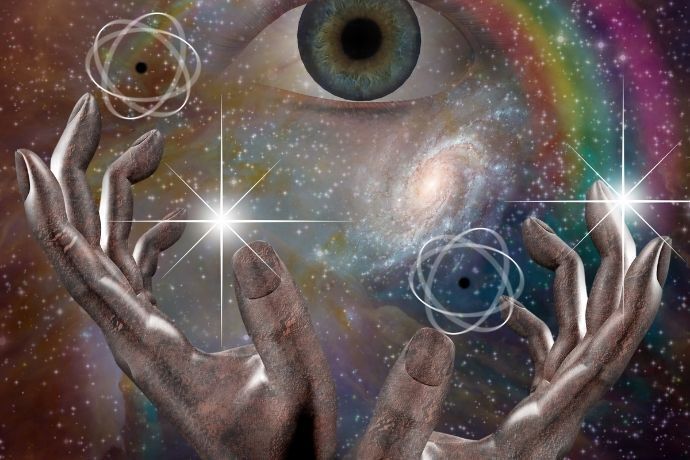 Ilustração com olhos, mãos e estrelas
