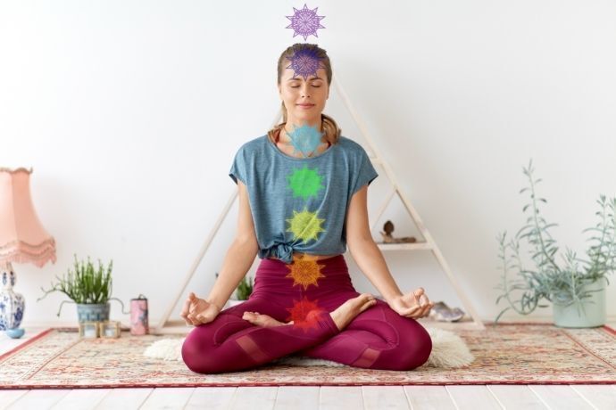 Mulher em posição de meditação com os chakras identificados no corpo