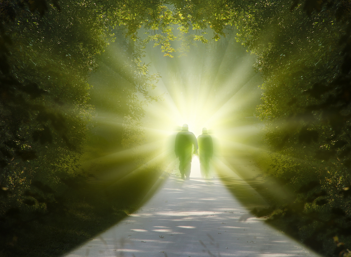 Espíritos caminhando na natureza para a luz.