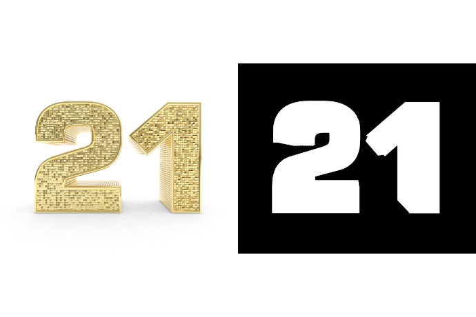 número 21 em dourado com fundo branco ao lado do número 21 em branco com fundo preto