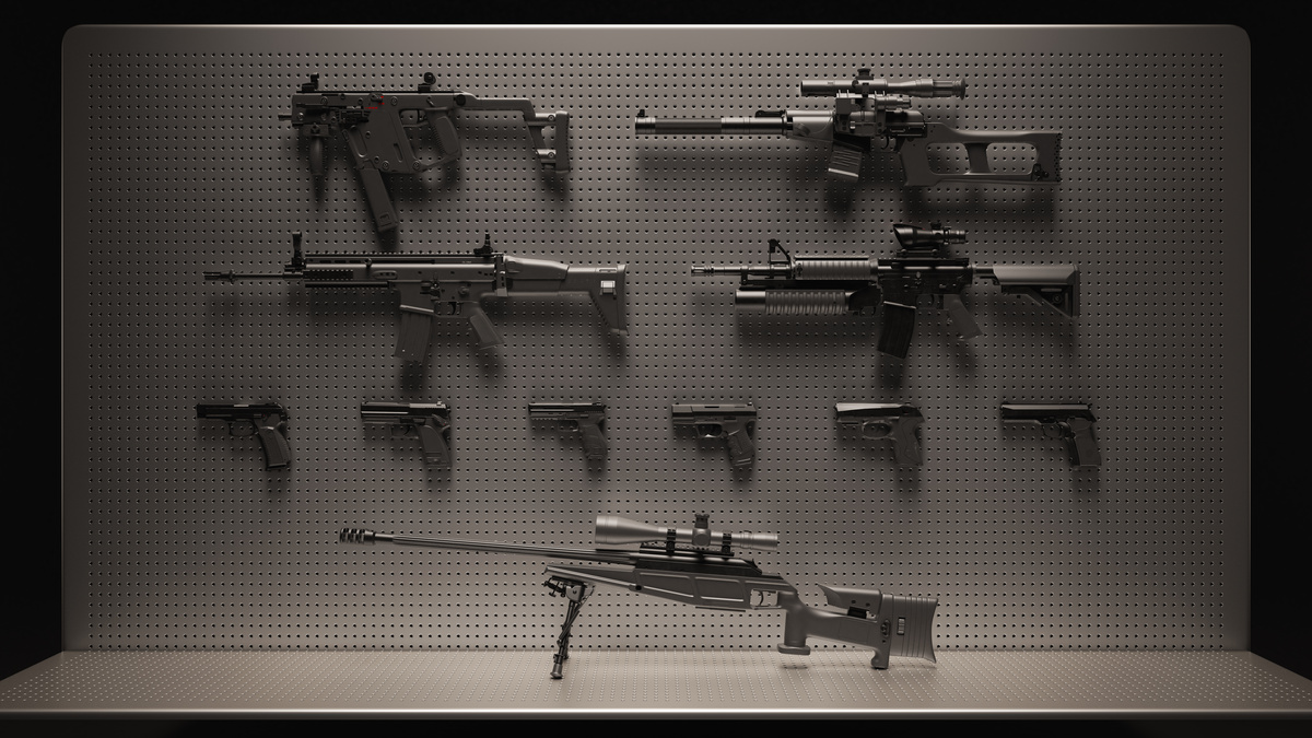 Diversas armas em uma parede.
