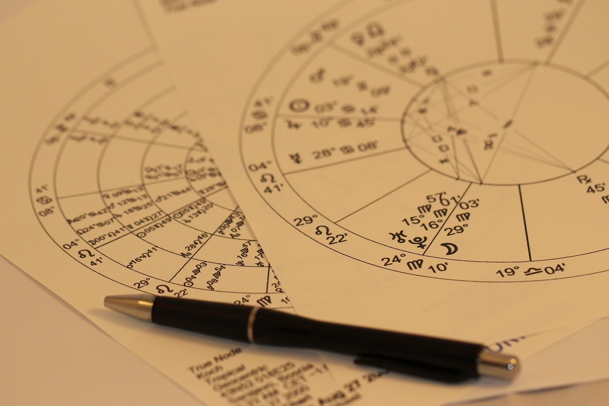 Papéis com desenho de mapa astrológico.