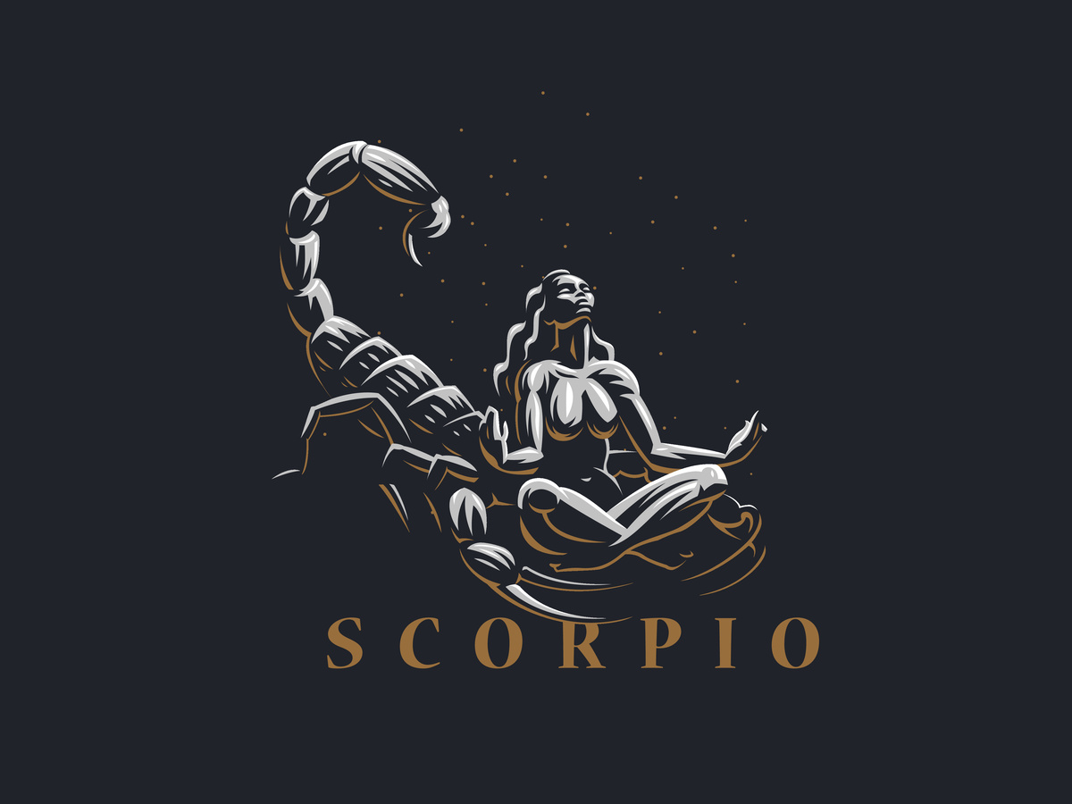 Ilustração de escorpião combinado com uma mulher em posição de lótus, enquanto o termo 'Scorpio' se apresenta escrito logo abaixo, representando o signo de Escorpião. 