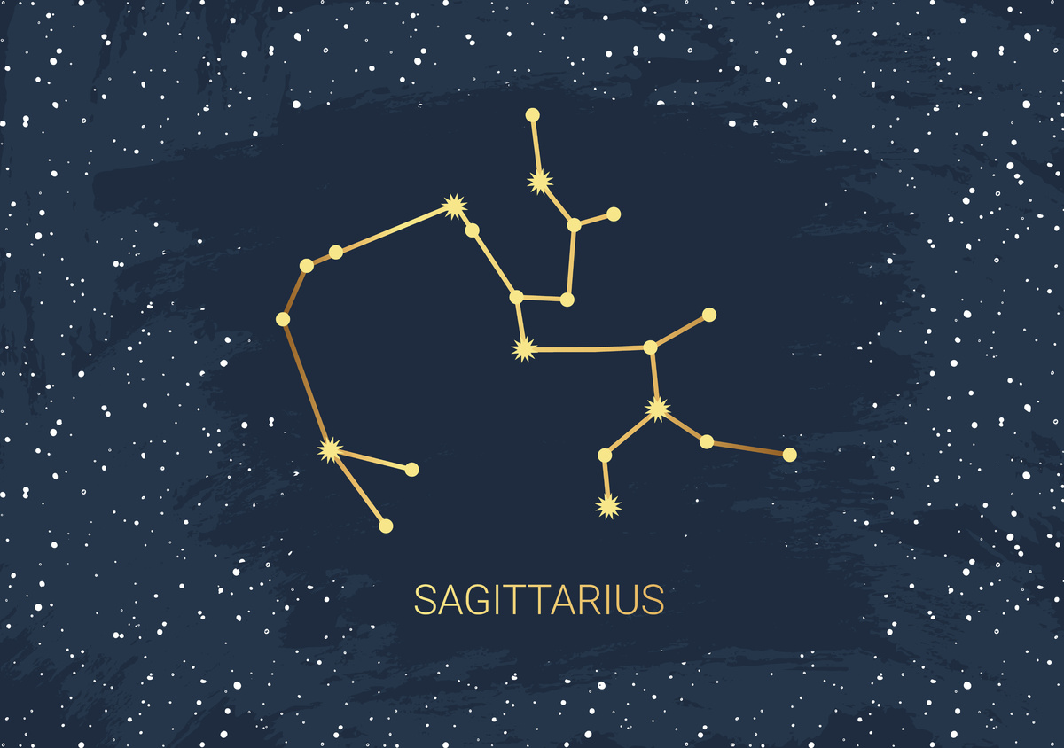 Ilustração de constelação de Sagitário formada em amarelo em meio a céu estrelado.
