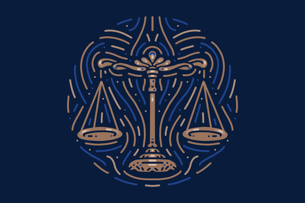 Ilustração em fundo azul de balança em traços dourados, representando o símbolo do signo de Libra.