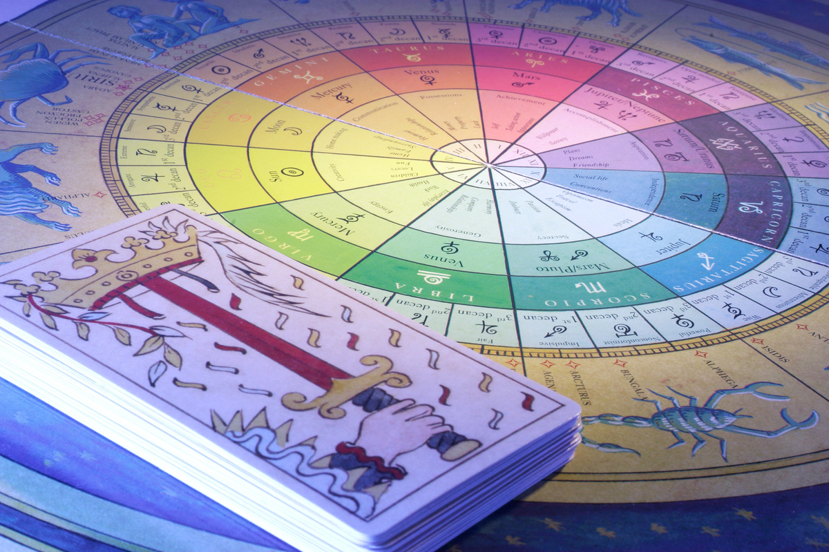 Baralho de tarot organizado em monte, ao lado de mandala astrológica colorida. 