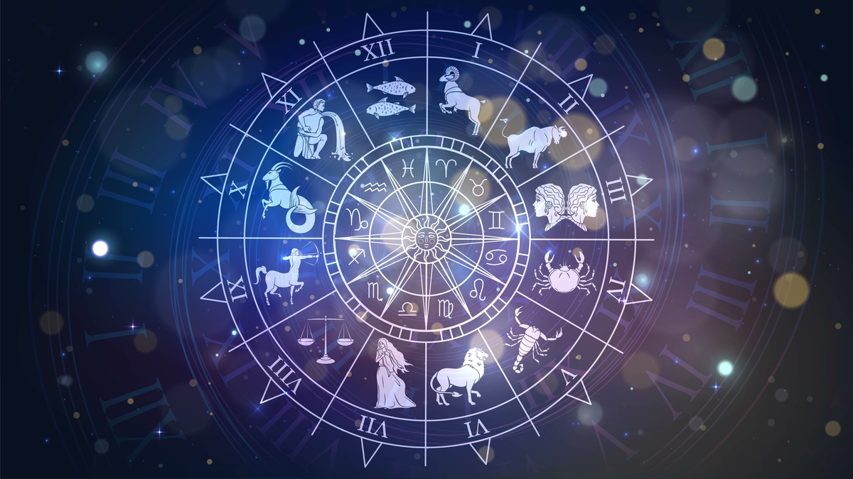 A roda do mapa astral, conhecida como mandala astrológica, em ilustração em céu estrelado e noturno, com as casas e os signos correspondentes.