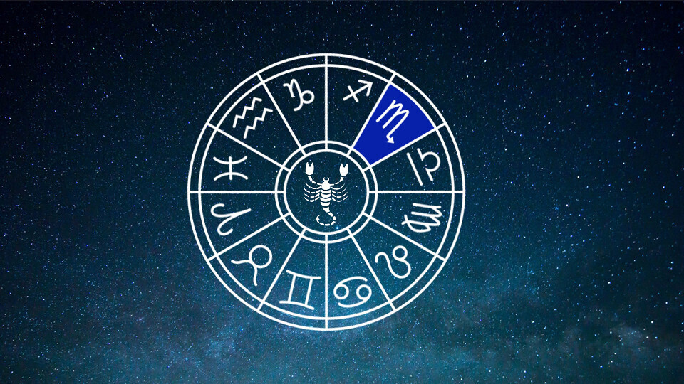 Os signos do zodíaco estruturados em roda, com o símbolo do escorpião em destaque, tanto marcado na roda quanto ao centro.