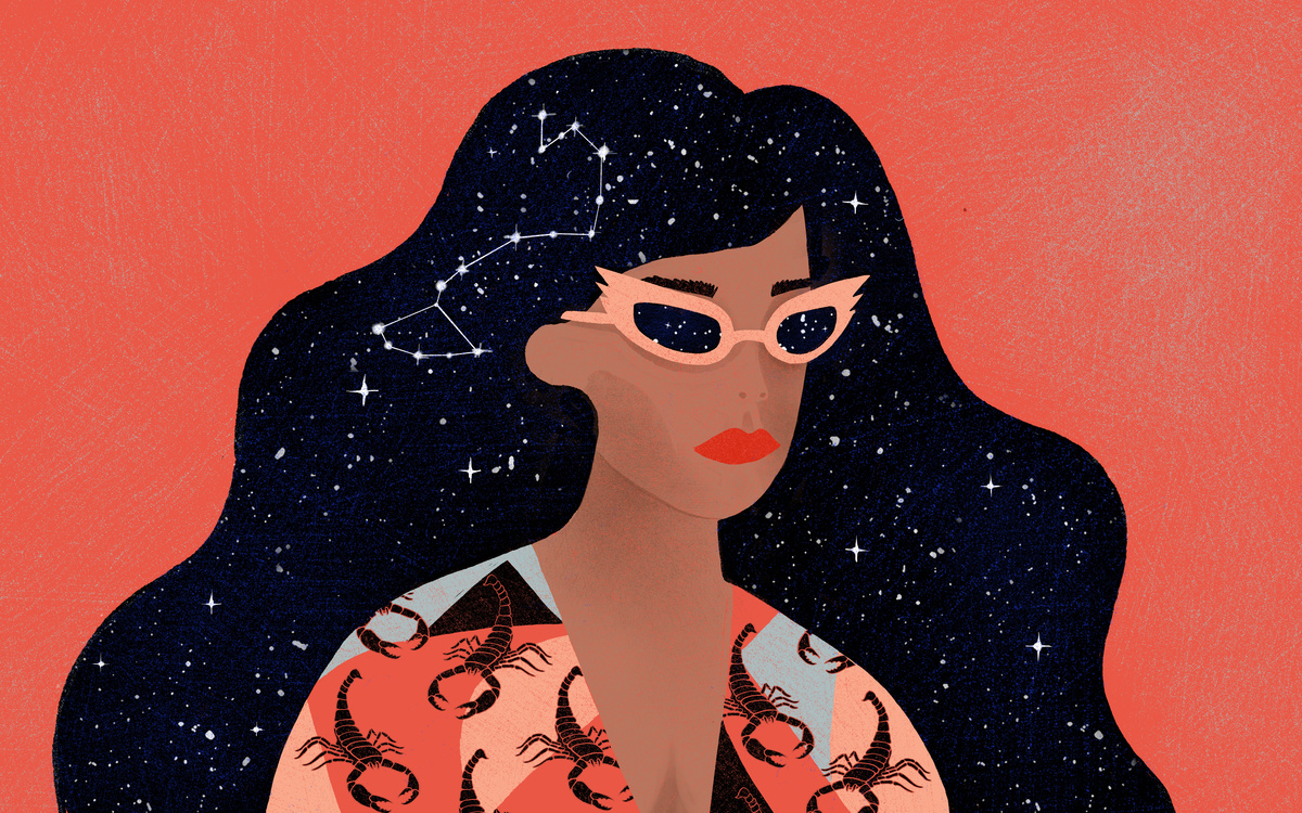 Ilustração de mulher com constelação do signo de Escorpião nos cabelos