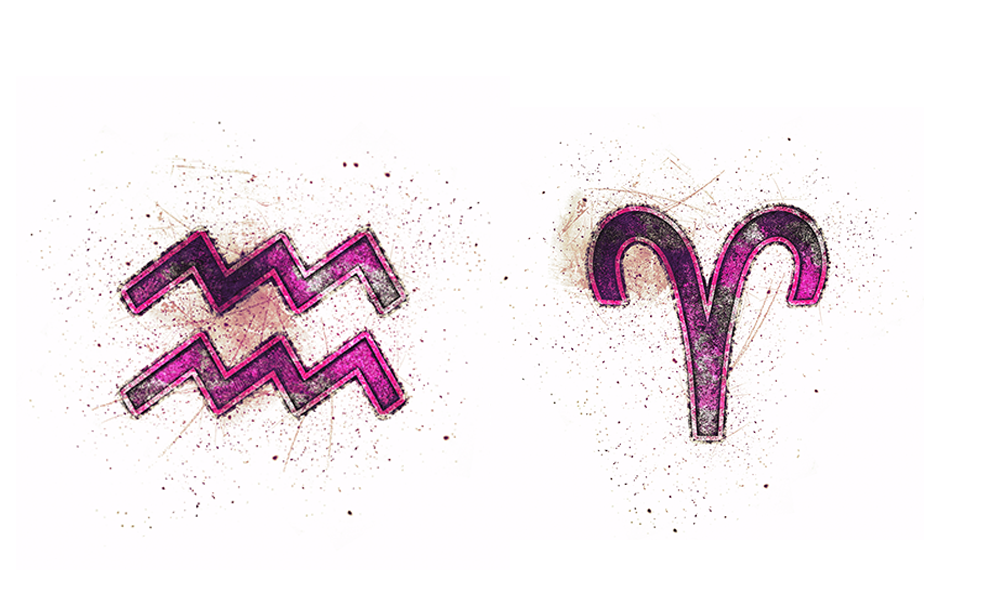 Símbolos de Aquário e Áries em rosa, um ao lado do outro.