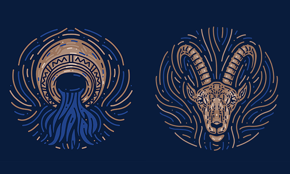 Símbolos de Aquário e Áries - um jarro despejando água e um bode - um ao lado do outro em ilustração azul.