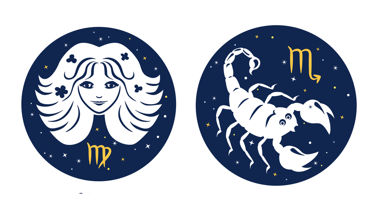 Representantes dos signos de Virgem e Escorpião - a mulher e o escorpião - ambos em círculo azul com seus respectivos símbolos abaixo.