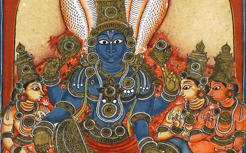 Ilustração do deus Vishnu enquanto cercado de mulheres