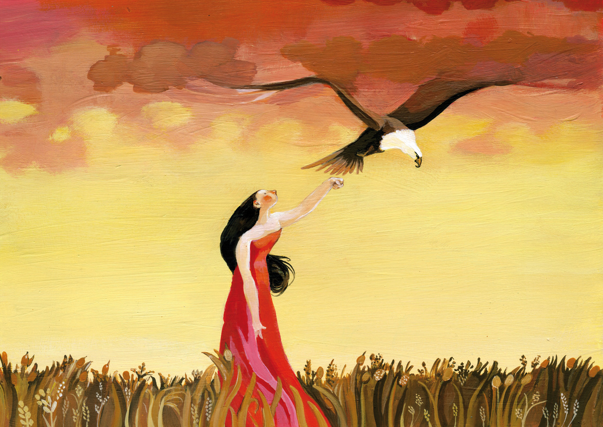 Ilustração de ave pousando na mão de mulher