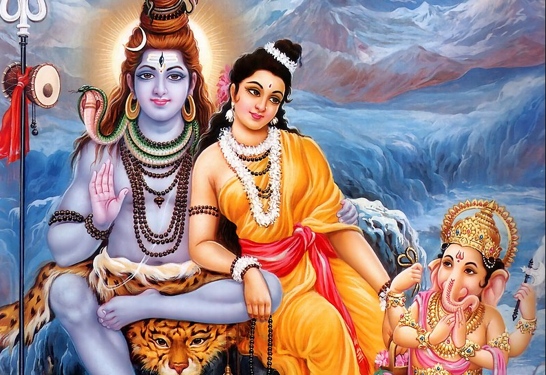 Parvati ilustrada sentada ao lado de seu marido, Shiva, e de seu filho, Ganesha.