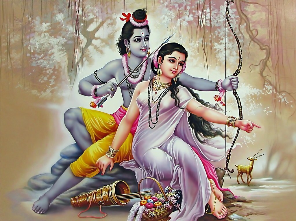 Ilustração do deus Rama sentado ao lado de Sita, enquanto aponta seu arco e flecha para um lado.