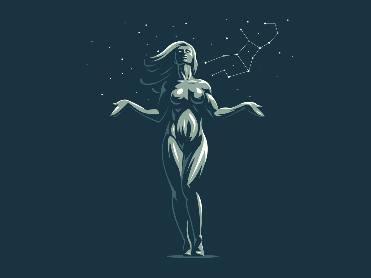 Ilustração em azul de mulher em pé com duas mãos para os lados, enquanto tem a constelação de Virgem ao seu lado.