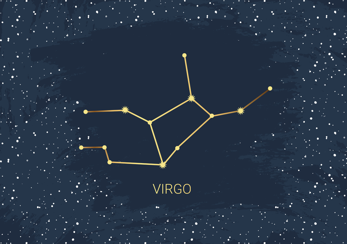 Ilustração de constelação do signo de Virgem feita em amarelo, em meio a fundo azul e com estrelas mais claras.