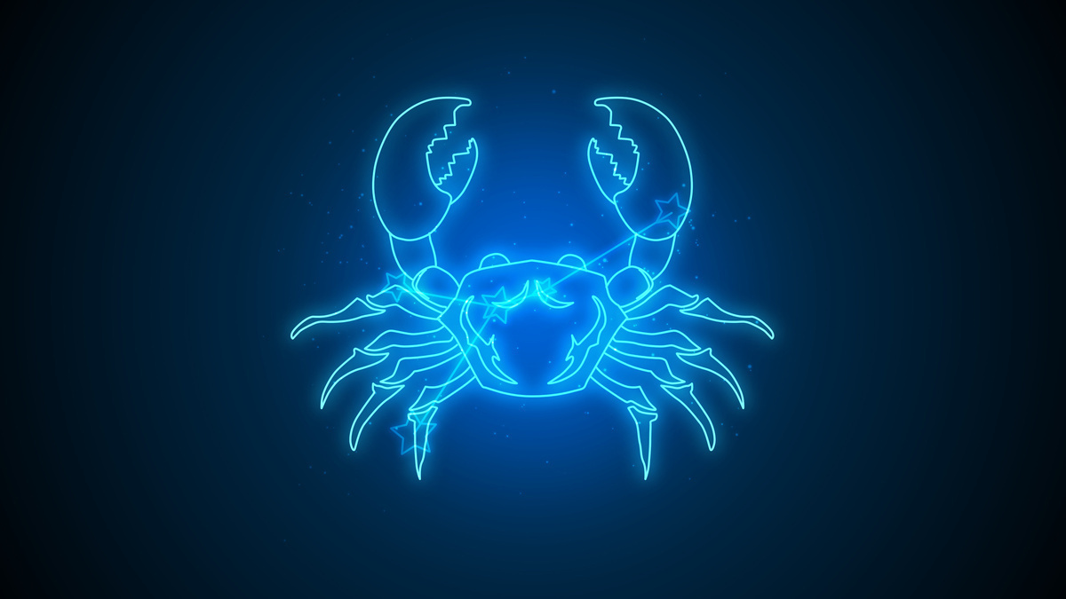 Desenho de caranguejo, representante do signo de Câncer, contornado em azul-neon, em fundo de céu escuro.