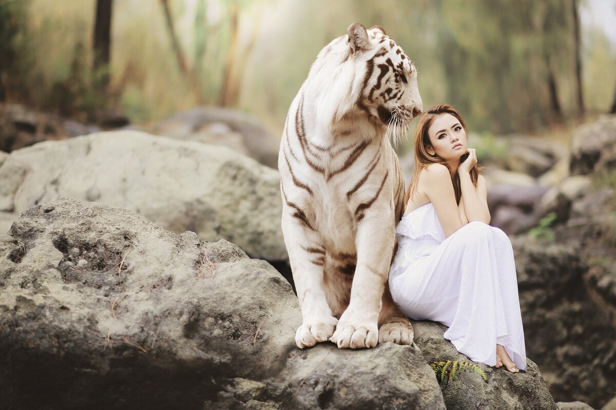 Mulher sentada ao lado de um tigre.