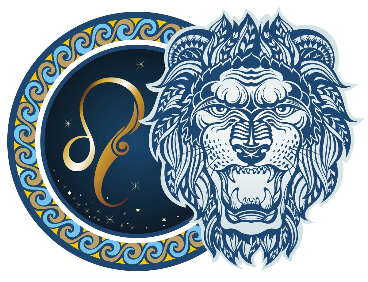 Símbolo do signo de Leão ao lado de ilustração do animal.