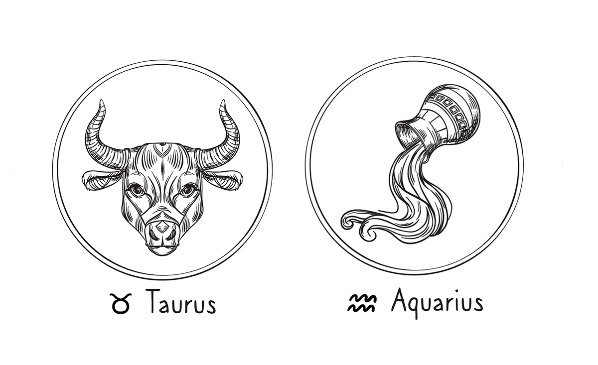 Ilustração de um touro dentro de um círculo, representando o signo de Touro, ao lado de um jarro despejando água, representando o signo de Aquário.