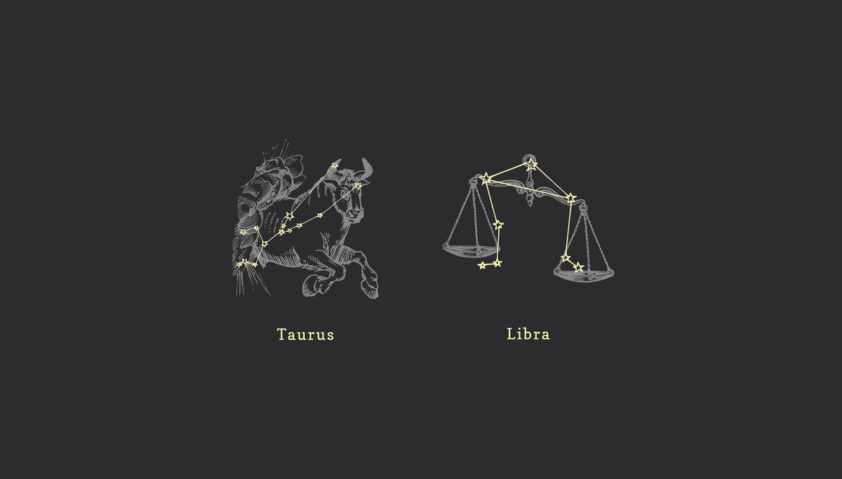 Ilustrações dos signos de Touro e Libra.
