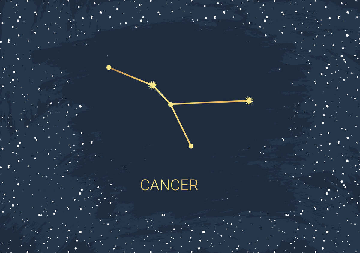 Ilustração de constelação do signo de Câncer feita em amarelo, em meio a fundo azul e com estrelas mais claras.