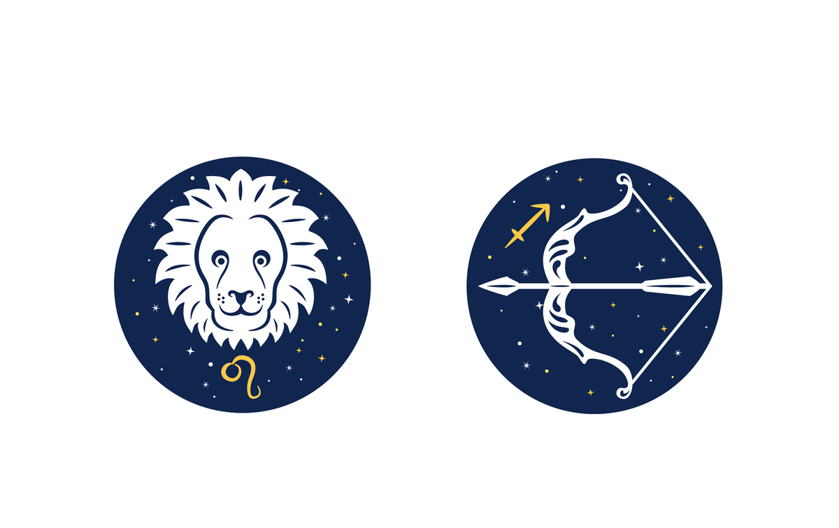 Ilustrações de Leão e um arco e flecha, ambos dentro de dois círculos azuis, representando os signos de Leão e Sagitário, respectivamente.