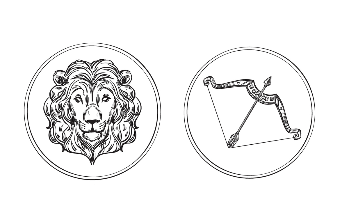 Ilustrações de Leão e um arco e flecha, ambos feitos em traços pretos e dentro de círculos, representando os signos de Leão e Sagitário, respectivamente.