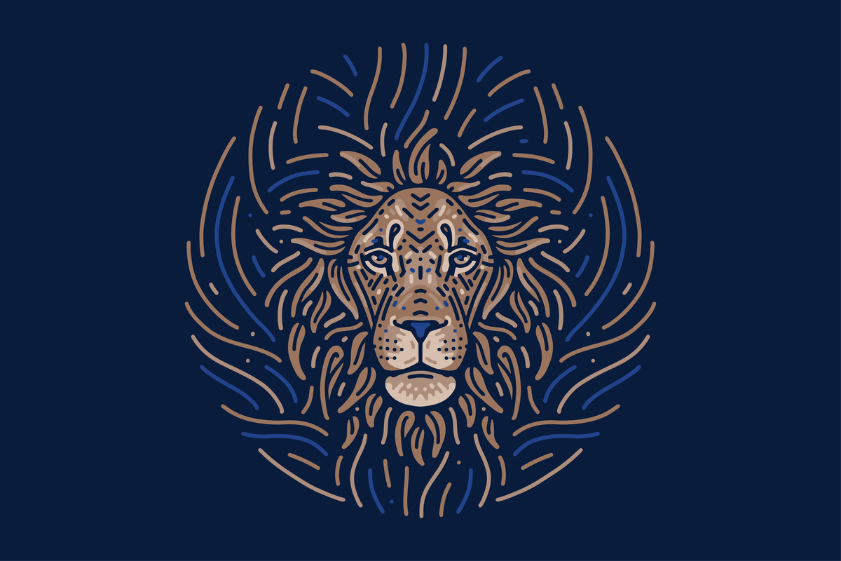 Ilustração com fundo azul-escuro de leão, feito traço marrom, representando o signo de Leão.