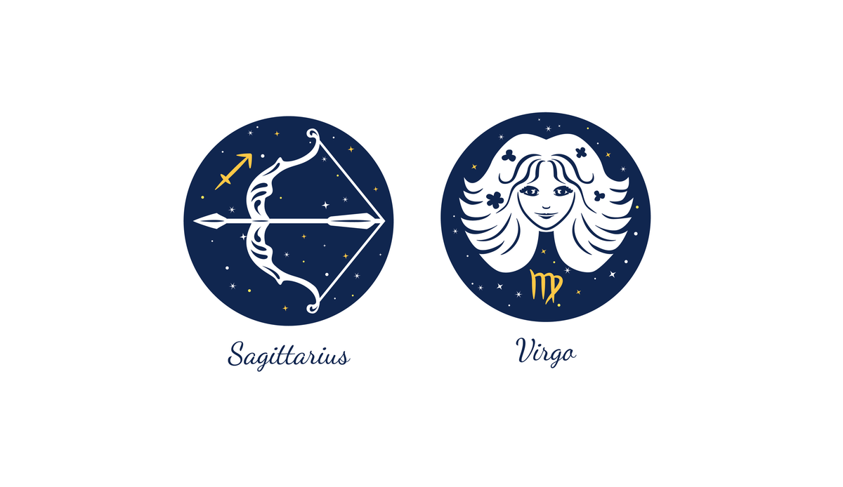 Símbolos dos signos de Sagitário e Virgem.