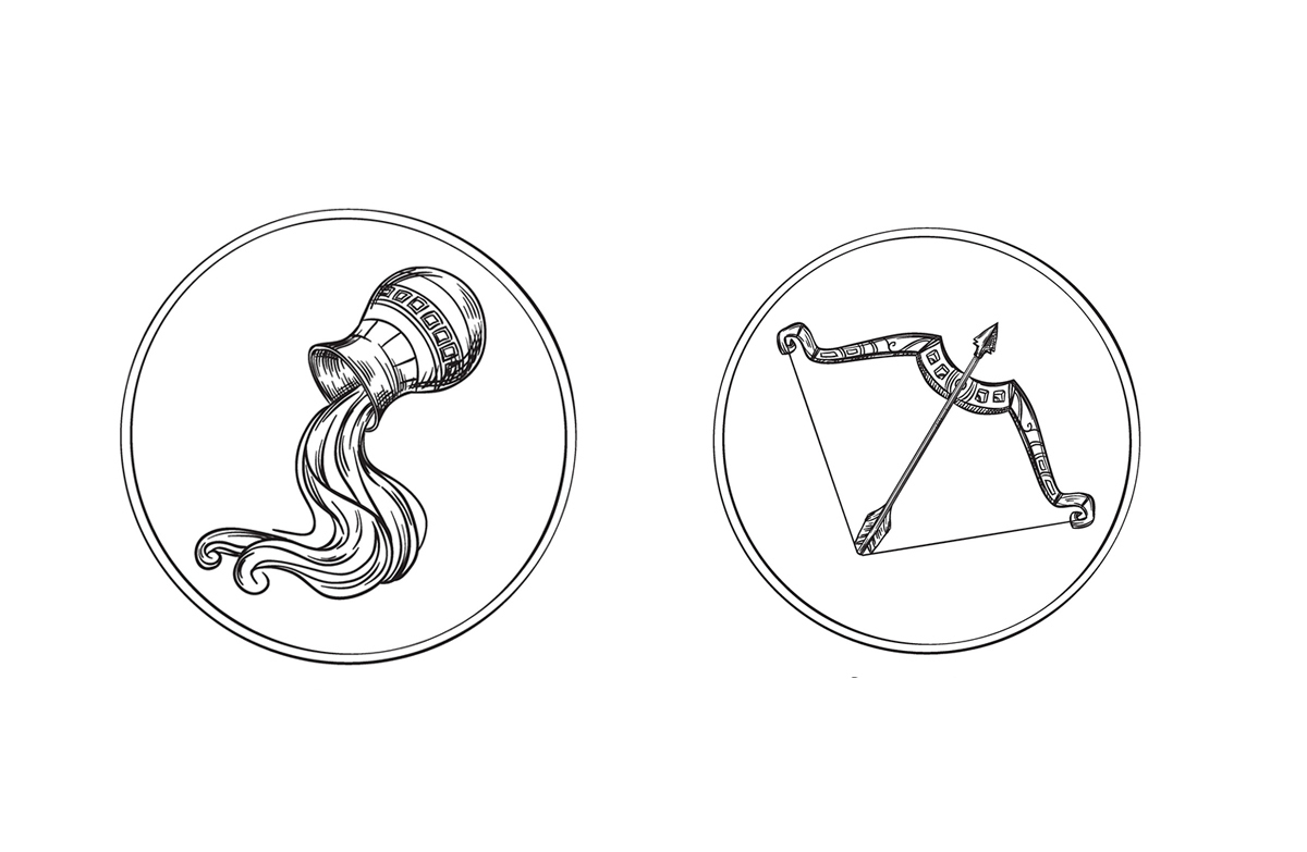 Ilustrações de um jarro derramando água e um arco e flecha, ambos feitos em traços pretos e dentro de círculos, representando os signos de Aquário e Sagitário, respectivamente.