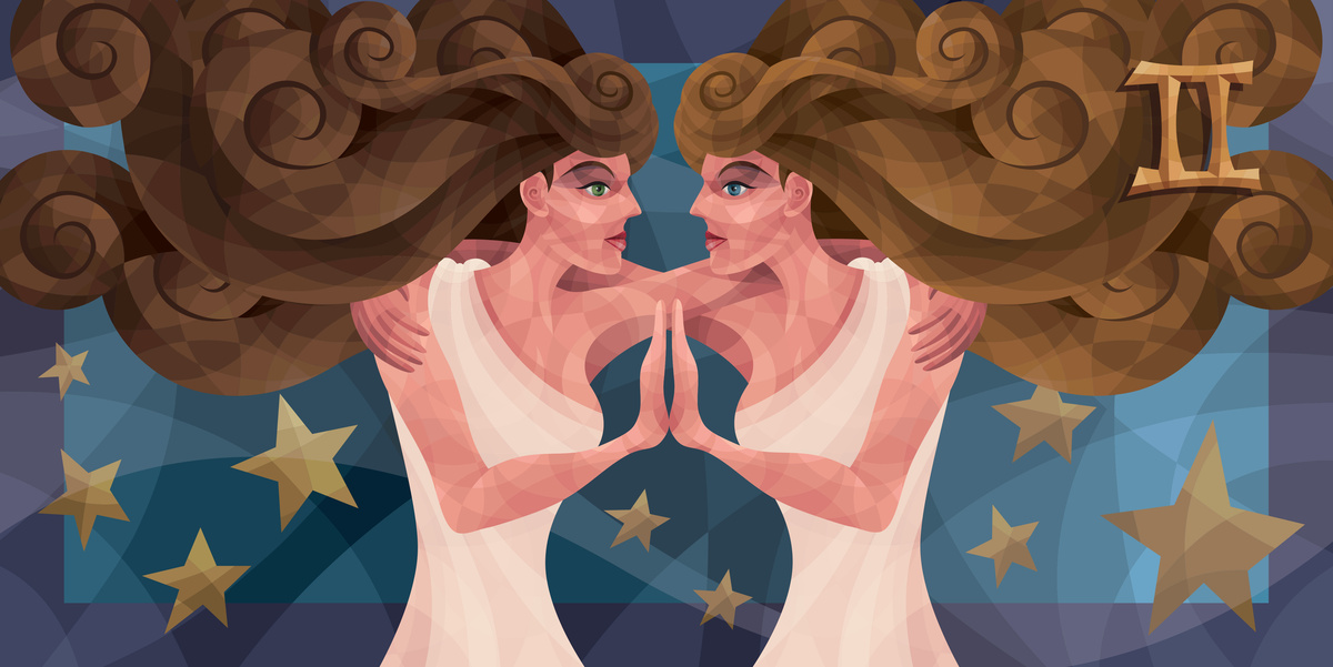 Ilustração pintada de duas pessoas idênticas, de cabelos castanhos e longos e roupas brancas, de mãos dadas. Ao lado deles, o símbolo do signo de Gêmeos.