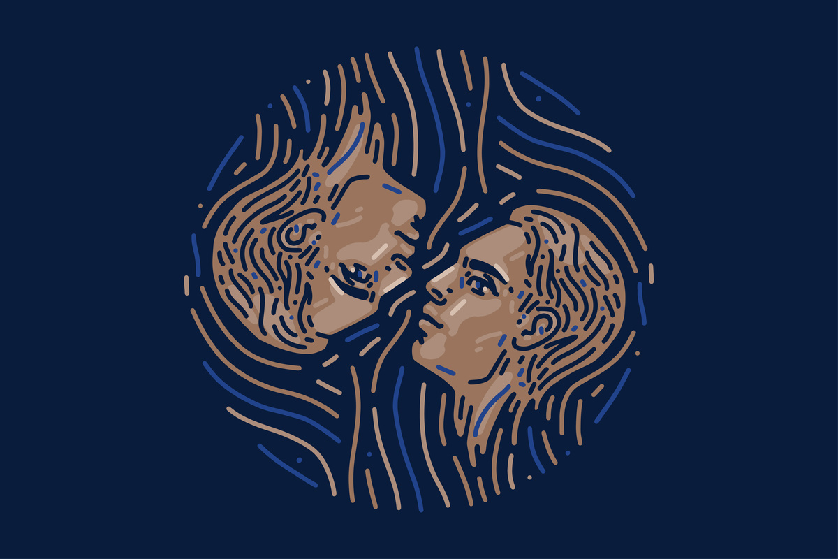 Ilustração com fundo azul-escuro de dois rostos idênticos feitos em traço marrom, representando o signo de Gêmeos.