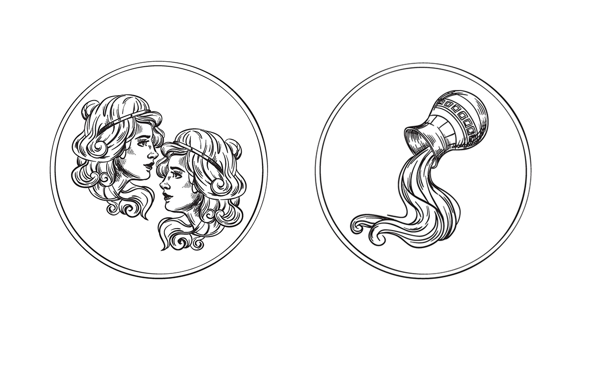 Ilustração de dois círculos traçados em preto. Em um, dois rostos de mulheres olhando para lados opostos, representando o signo de Gêmeos; no outro, um jarro derramando água, representando o signo de Aquário.