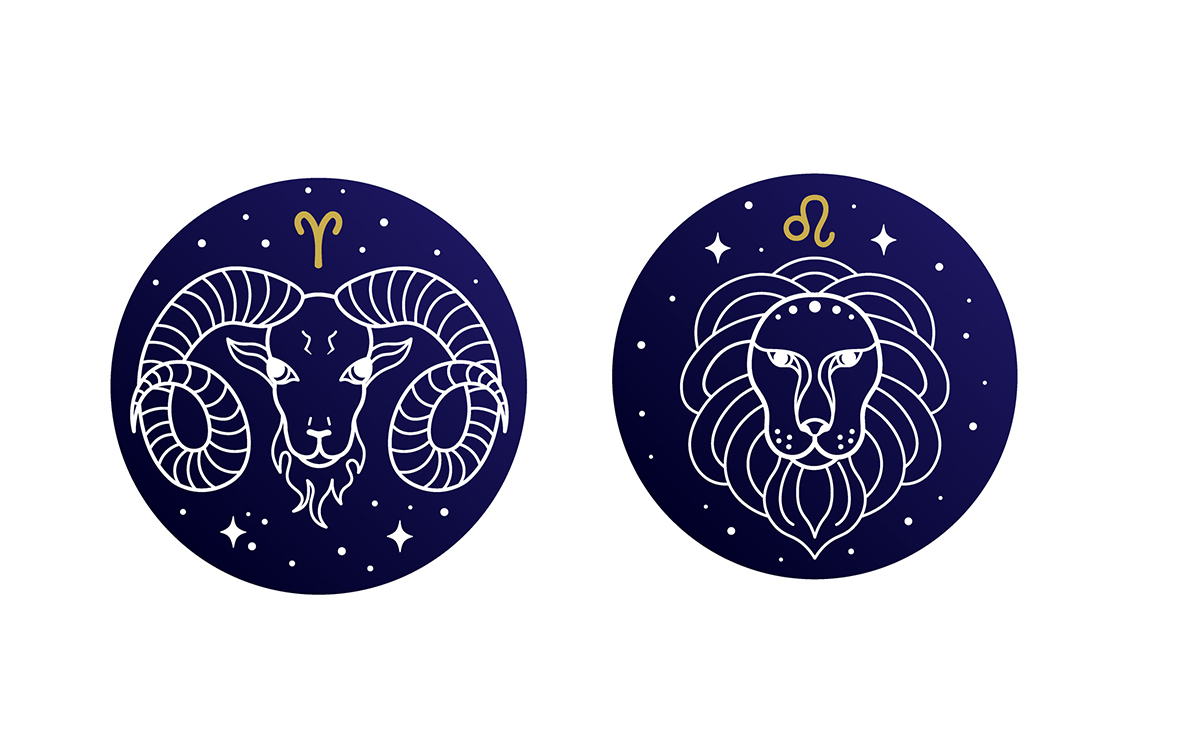 Ilustração de círculo azul com desenho em contorno branco de um bode, com símbolo do signo de Áries. Ao lado, outro círculo azul com contorno de leão, com o símbolo do signo de Leão..