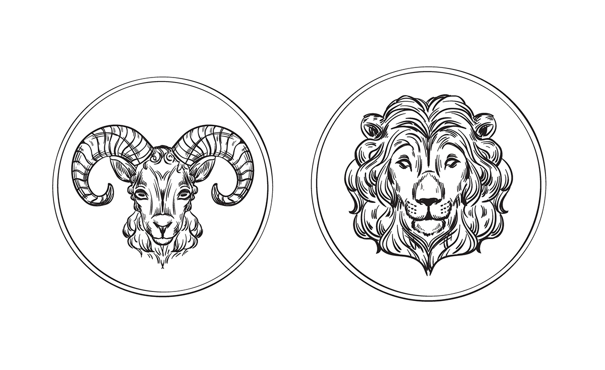 Ilustração de desenho de bode dentro de círculo preto, representando o signo de Áries. Ao lado, um leão também dentro de um círculo preto, representando o signo de Leão.