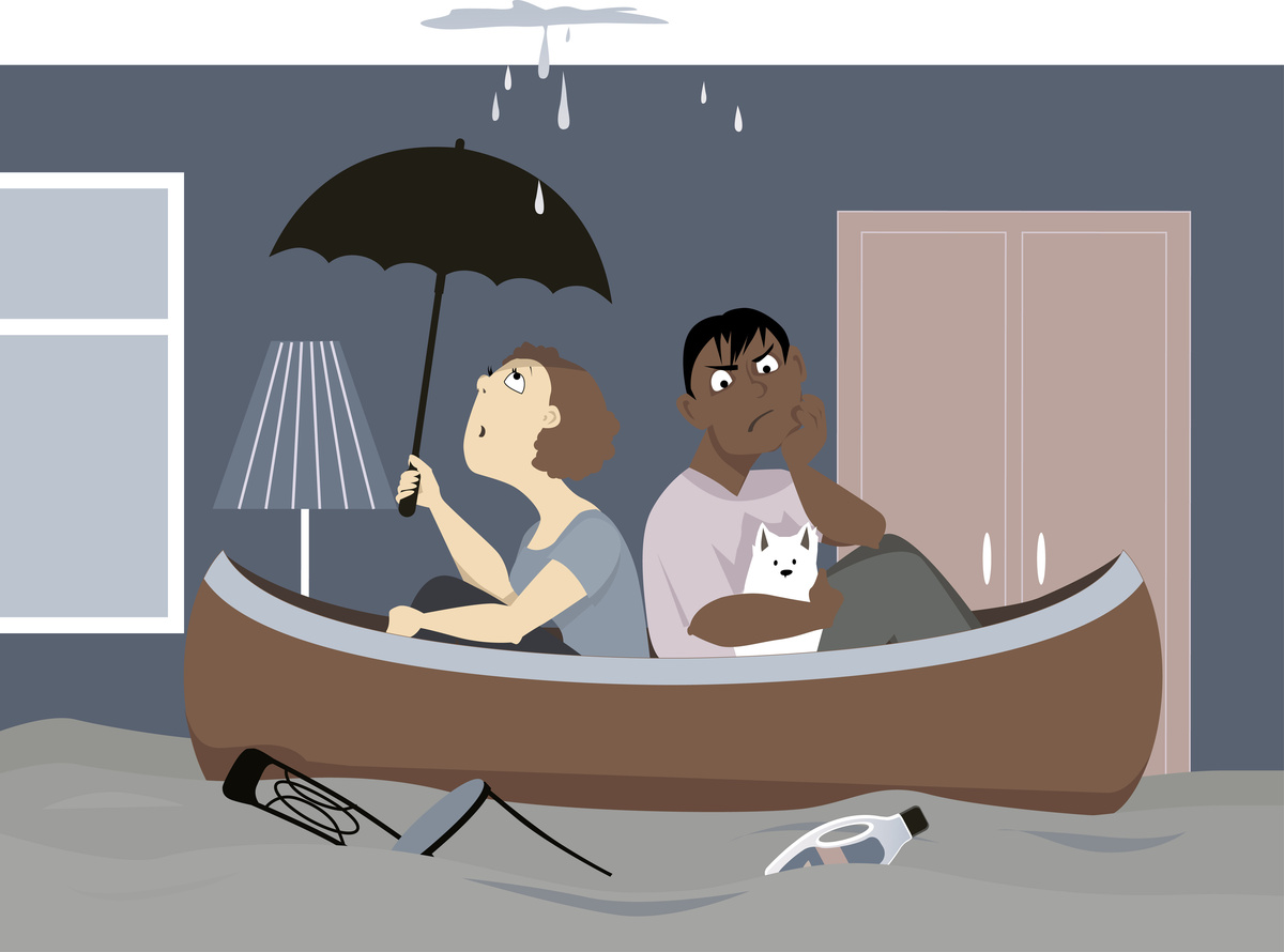 Ilustração de casal se molhando com goteira