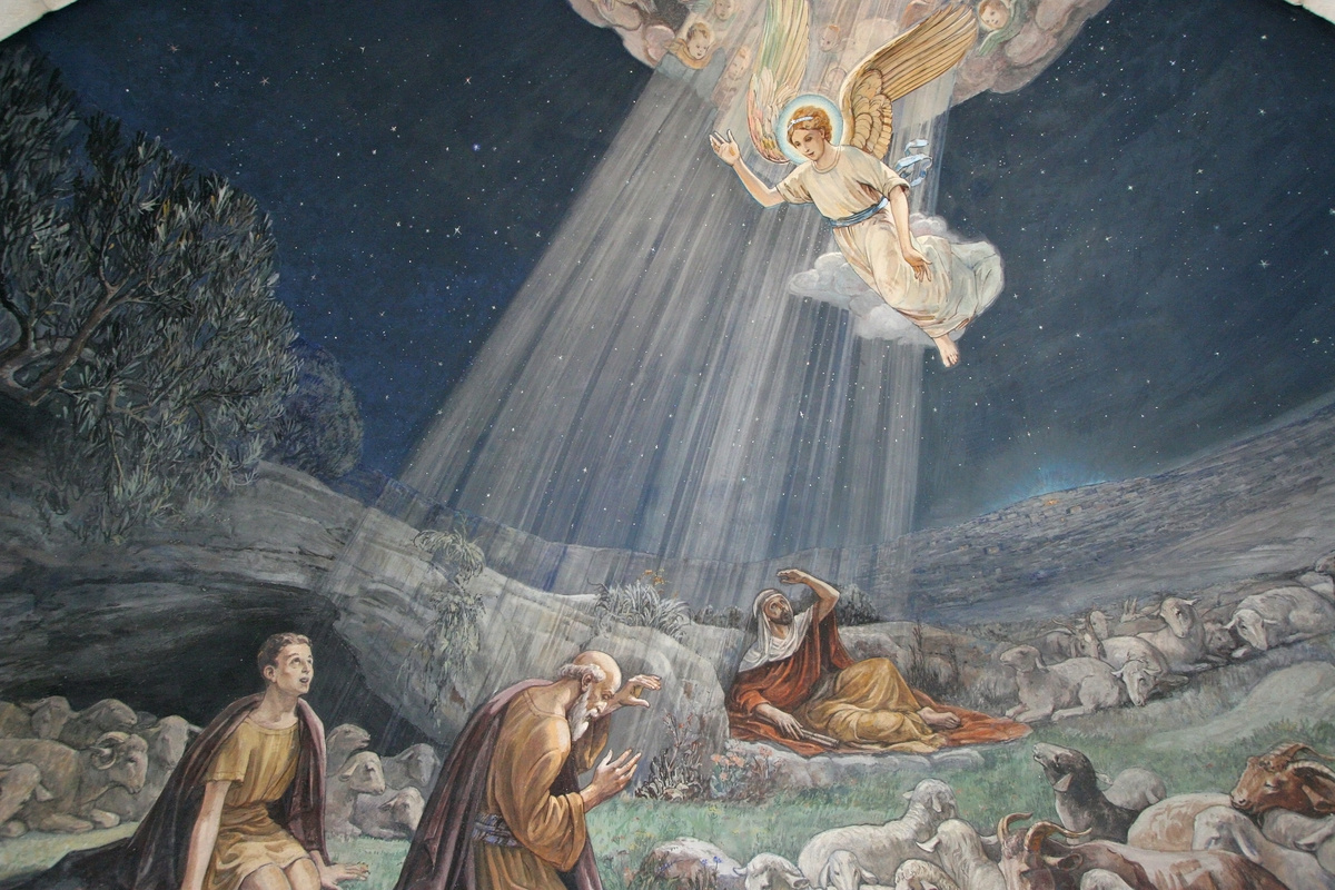 Pintura de anjo visitando pastores